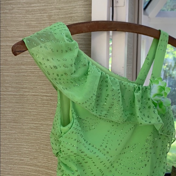 IZ Beyer Girl Dress, Formal Green Sparkle Dress, One Shoulder Party Dress - Picture 9 of 10